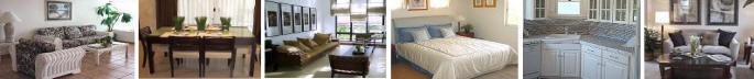 Photo collage of livingroom, dining room, bedroom and kitchen